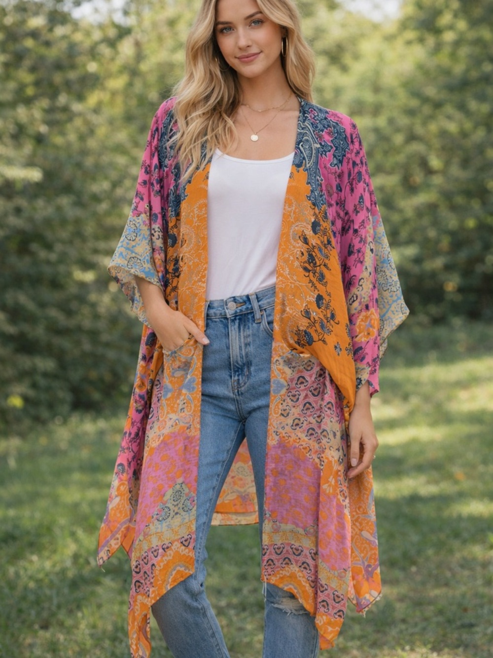NWT Asymmetrical Pink & Orange Printed Kimono-Boho Festival Vibe
